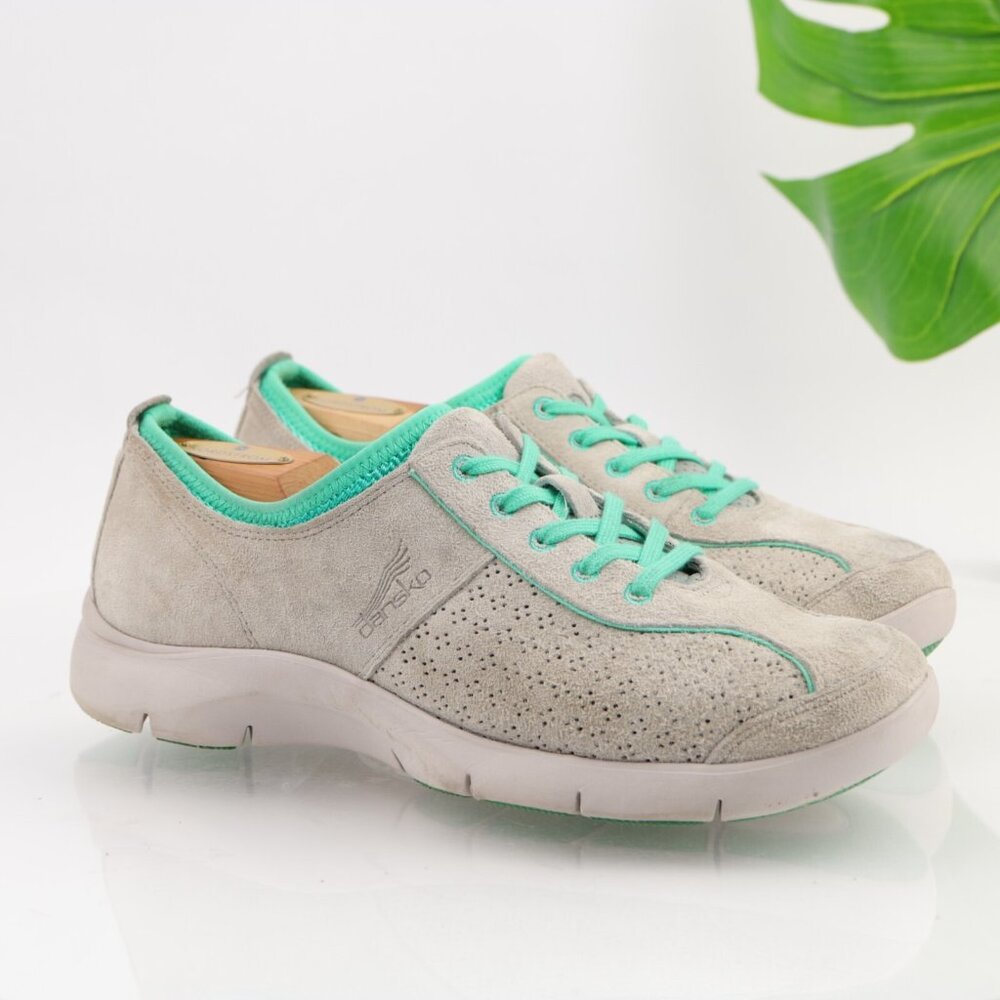 Dansko Womens Elise Sneaker Size 40 9 Gray Suede Green Comfy Walking Shoe LaceUp